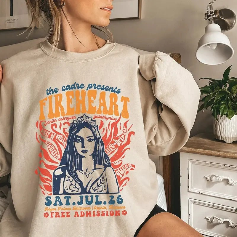 Fireheart Retro Music Festival Crewneck Sweatshirt, Vintage Boho Book Gift, Throne of Glass Hoodie, ToG Sarah J Maas Sjm...