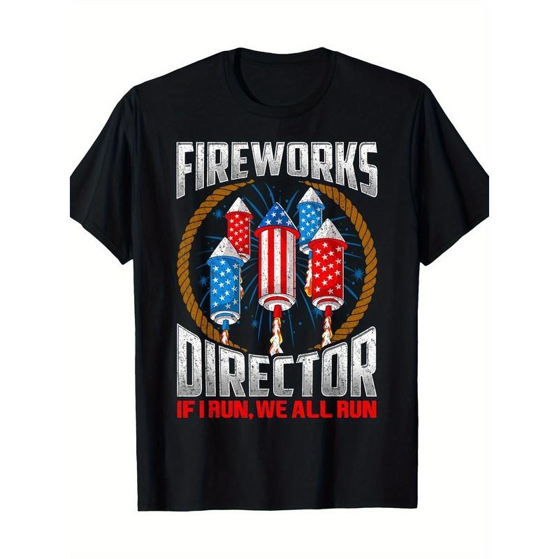 Fireworks Director Graphic T-Shirt, Cotton, Casual Crew Neck Tee, Regular Fit, with Geometric Applique, for Men and...