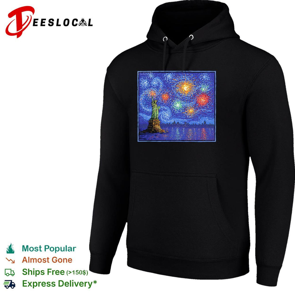 Fireworks and the Statue of Liberty in the style of Van Gogh’s Starry Night shirt