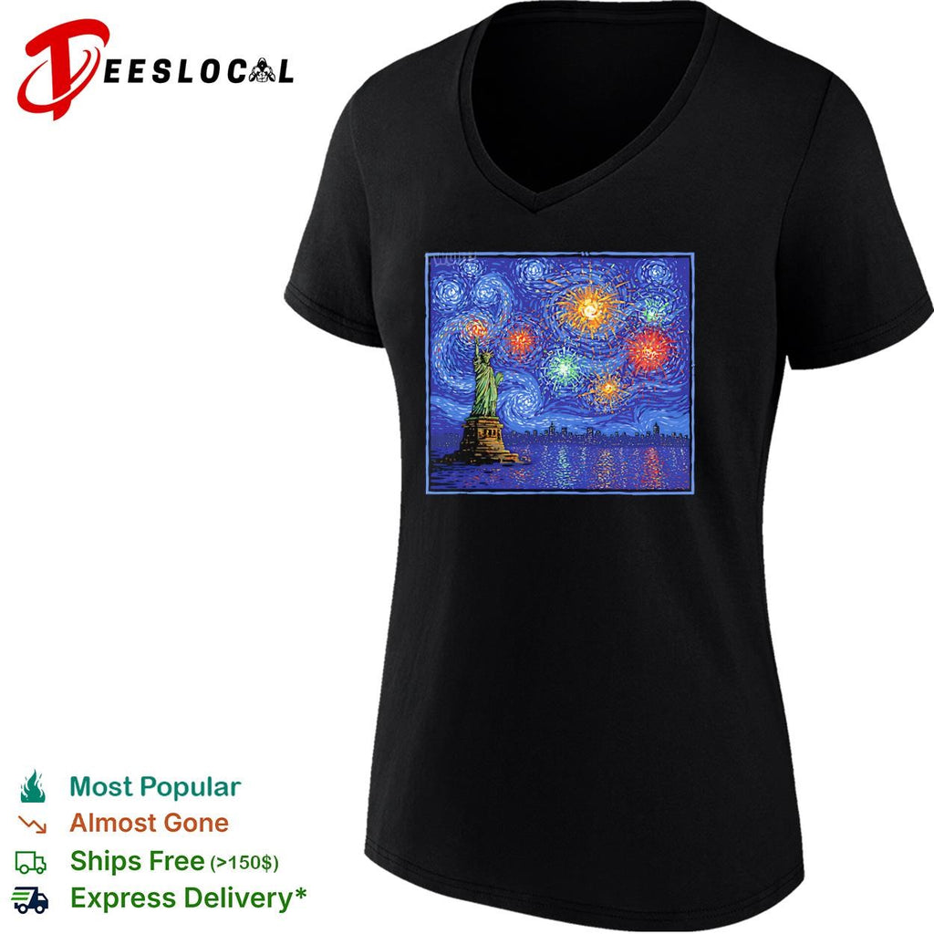 Fireworks and the Statue of Liberty in the style of Van Gogh’s Starry Night shirt