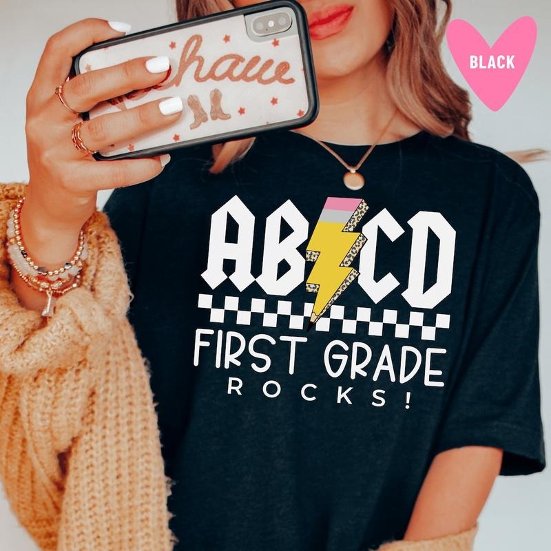 First Grade Rocks Teacher Shirt Gift for Teacher, Back to School Shirt Hoodie Sweatshirt | PrintMintTees.com