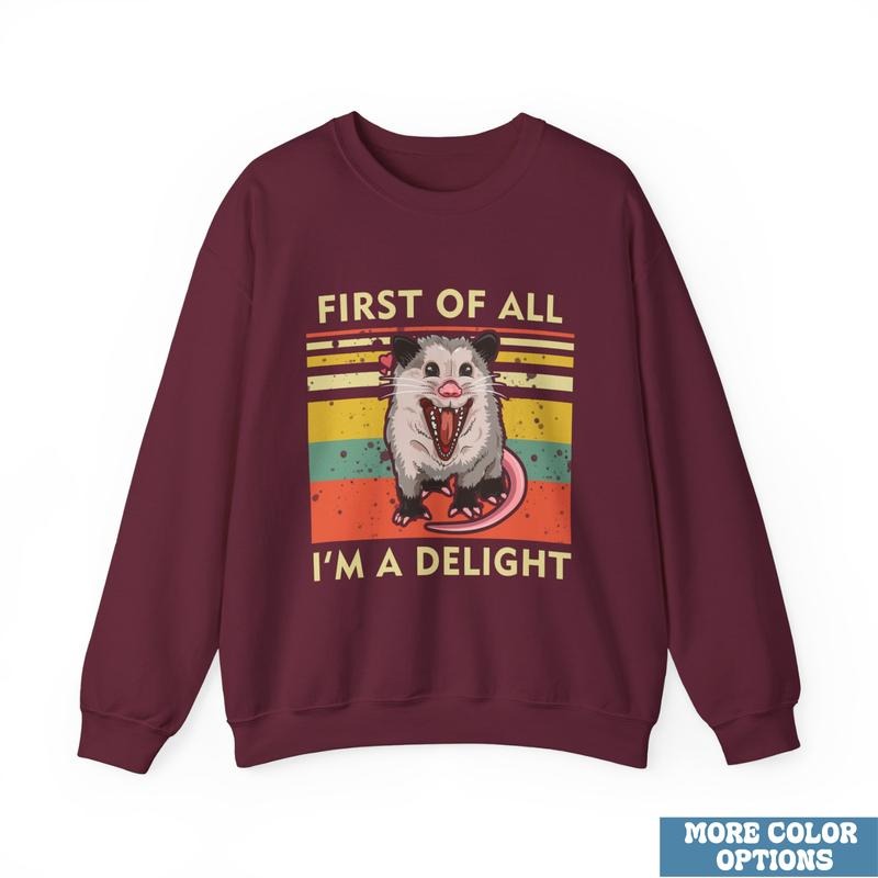 First of All I'm a Delight Sweatshirt, Cute Sarcastic Tee, Sarcastic Self-Love Gift, Angry Possum Lover Tee,  Womenswear...