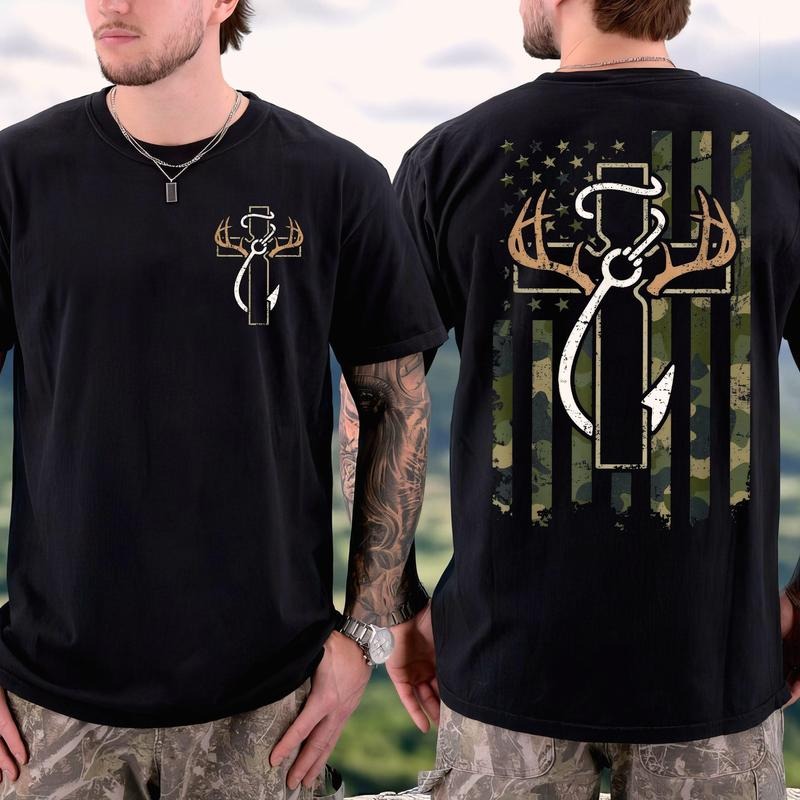 Fishing, Hunting And Faith 2 Siđed Tee Pure Cotton Casual Street Style Crew Neck Short Sleeve T-Shirt Tops Trendy for...
