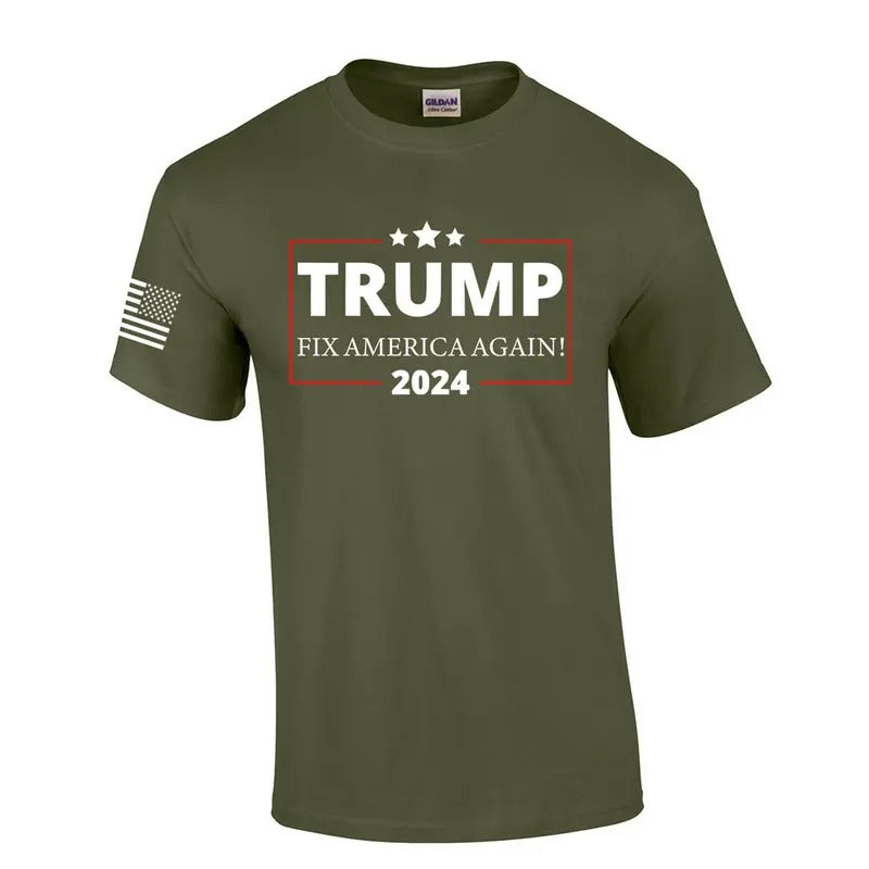 Fix America Again Trump 2024 American Flag Sleeve Patriotic Mens T-shirt Short Sleeve Political Graphic...