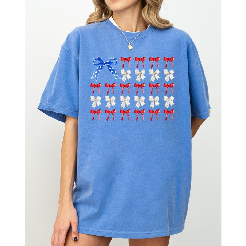Flag Ribbons Bows America Fourth July Red White Blue USA Patriotic Girly Coquette Shirt Comfort Color Shirt Hoodie Sweatshirt