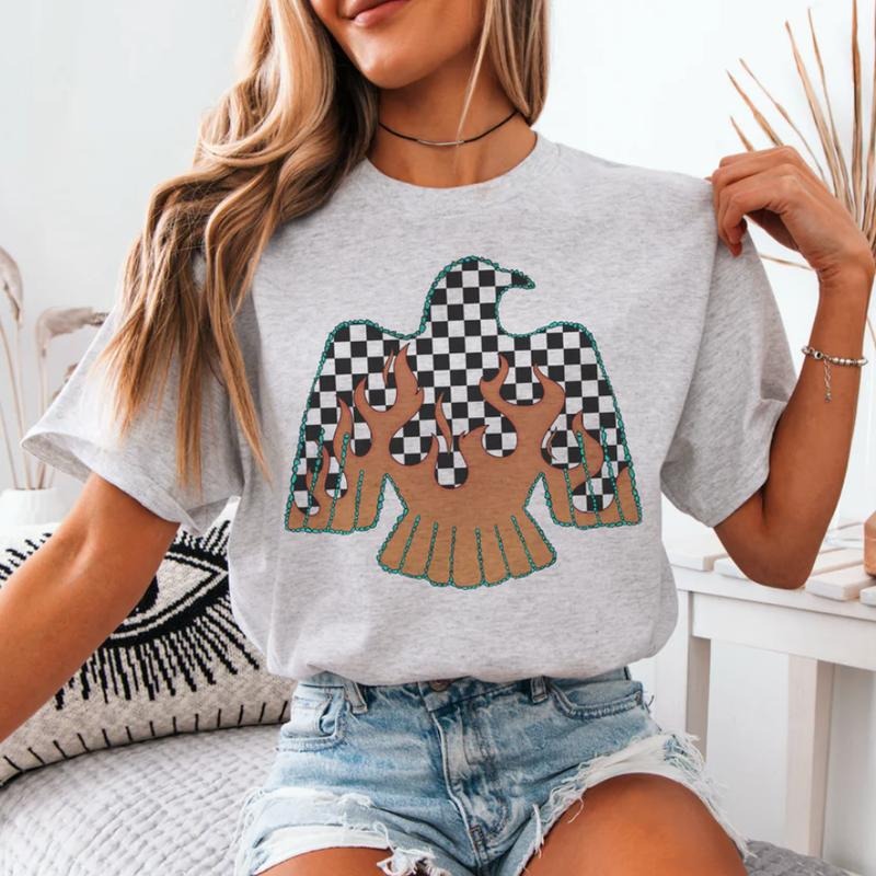 Flaming Checkered Bird shirt, vintage crewneck sweatshirts, western outfit women, cowgirl outfits, western clothing stuff...