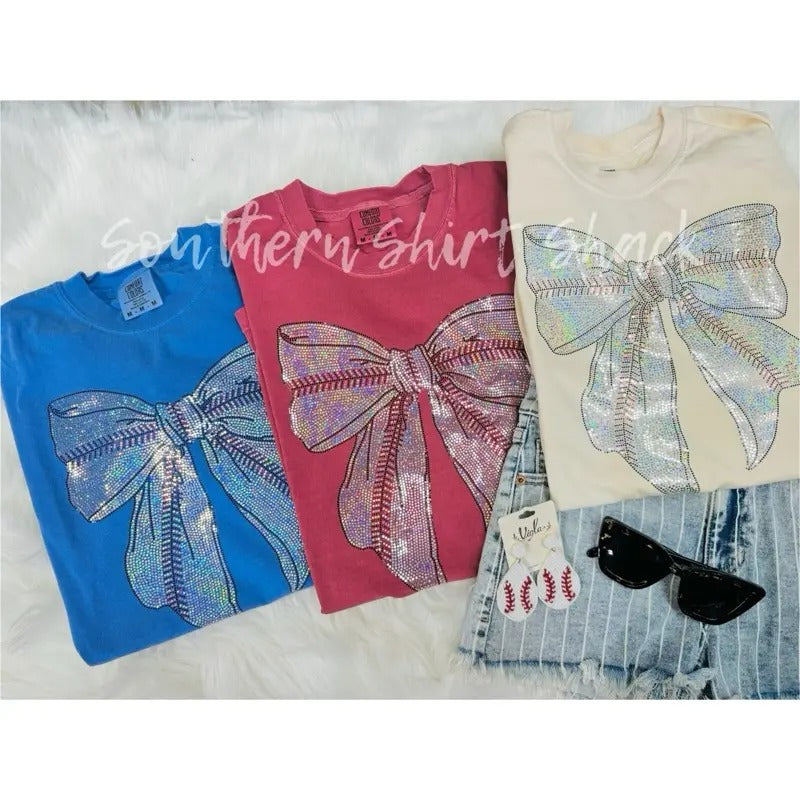 Flat Sparkle Baseball Bow Graphic Tee | Ballpark Mama T shirt | Bow Shirt | Baseball Game day Graphic Tee comfort colors...