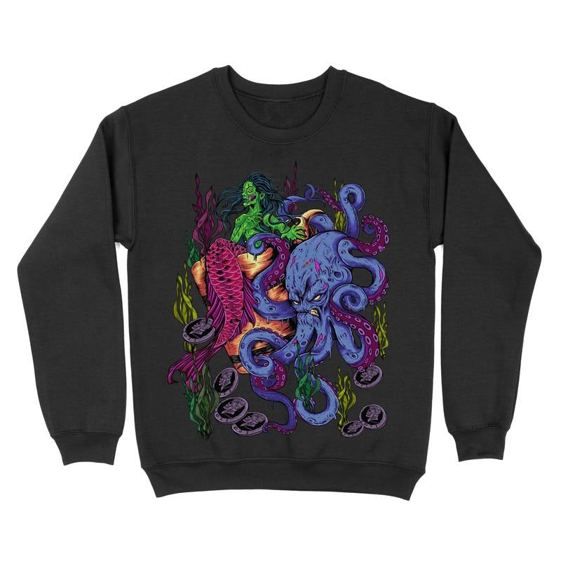 Fleece Crewneck Sweatshirt - Zombie Mermaid Graphic Shirt Hoodie | PrintMintTees.com