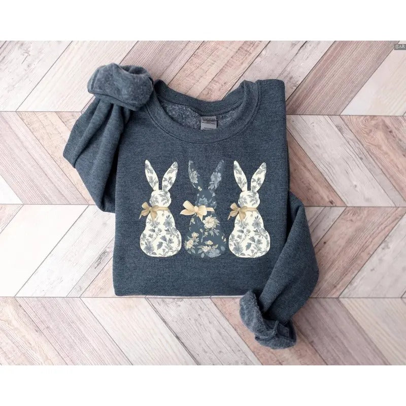 Floral Blue Bunny Sweatshirt, Cute Easter Bow Crewneck, Retro Crewneck, Gift For Lovers,, Trendy Top Shirt Hoodie