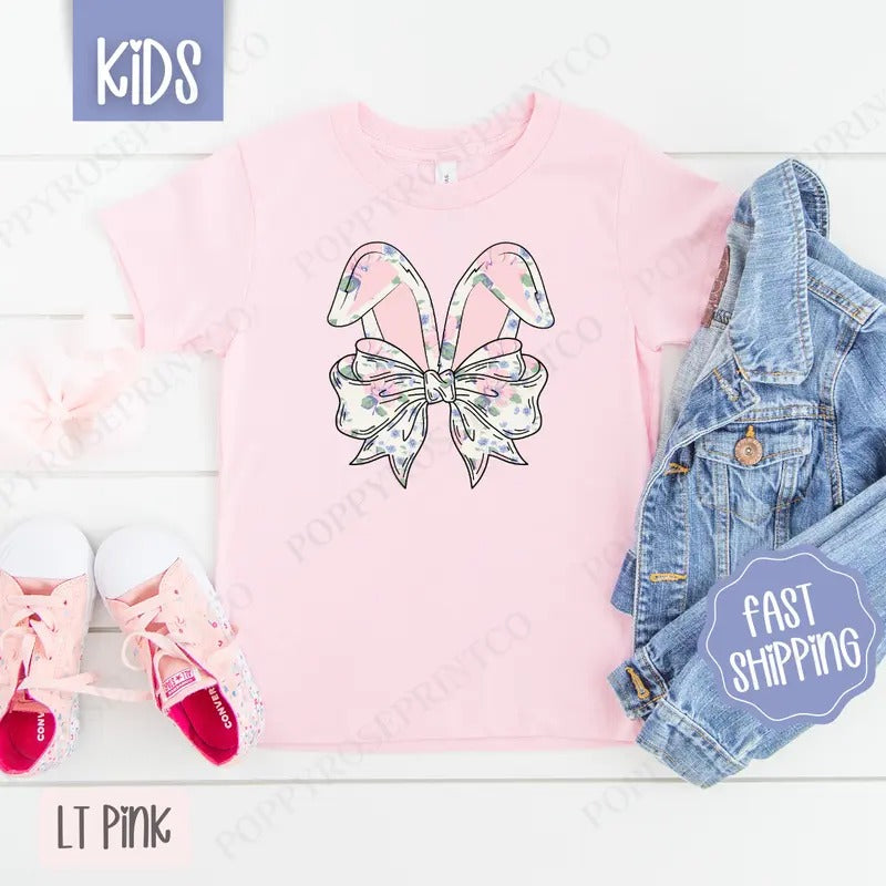 Floral Bunny Bow Shirt Easter Children'S Cute Gildan T-Shirts, Hoodie, Sweatshirt