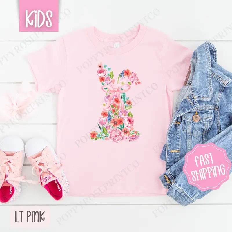 Floral Bunny Kids Shirt - Easter Children's Tshirt - Cute Youth Tee Gildan Hoodie, Sweatshirt | PrintMintTees.com