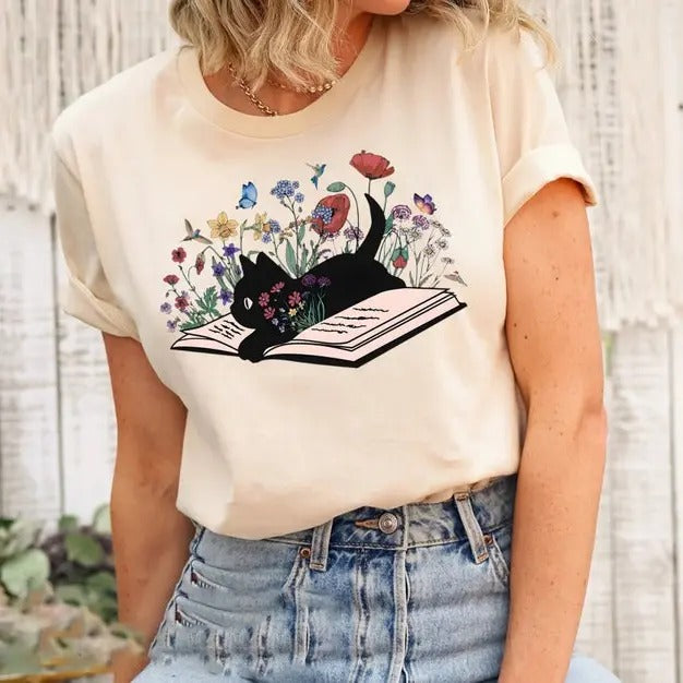 Floral Cat Tshirt, Cat Book Shirt, Cat Lover Gift, Gift for Her, Cat Mom Shirt Gift, Cute Cat Shirts, Cute Book Cat...