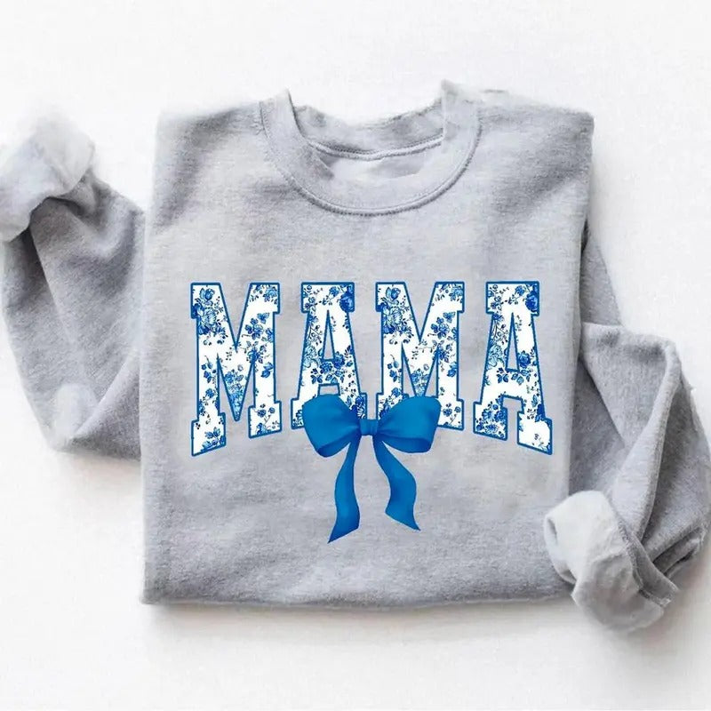 Floral Coquette Bow Mama Blue Bow Shirt Flower Lettering Mom Retro New Mom Shirt Flower Mama T-Shirts, Hoodie, Sweatshirt