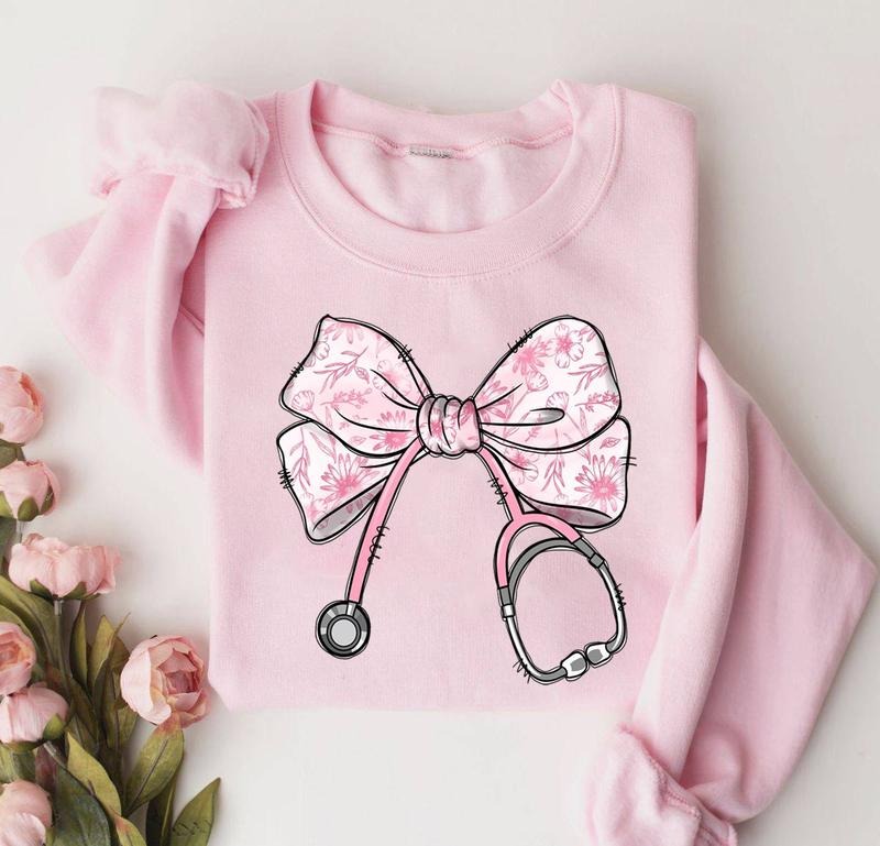 Floral Coquette Bow Nurse Sweatshirt, Nurse Coquette Sweater, Nurse Bow Ribbon Stethoscope Shirt, Nurse Ribbon Shirt, ER...