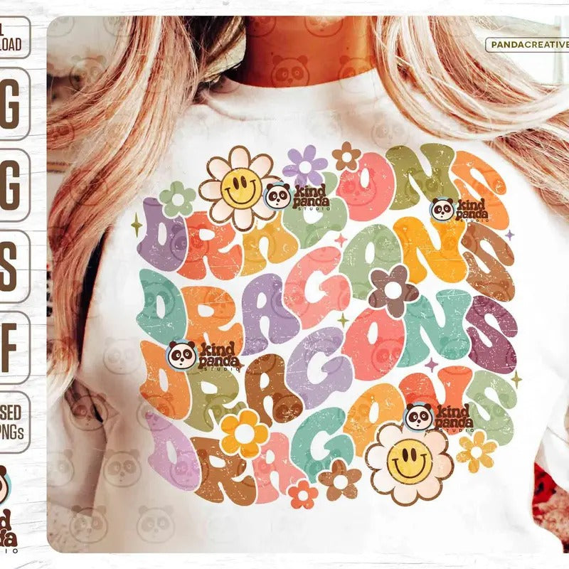 Floral Dragons Svg Png Retro Game Day Sublimation Groovy College Mascot Shirt Design Distressed Mama Girls Sports Mascot...