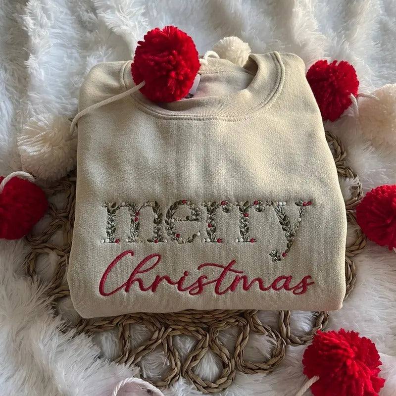 Floral Embroidered Merry Christmas Sweatshirt Shirt Hoodie | PrintMintTees.com