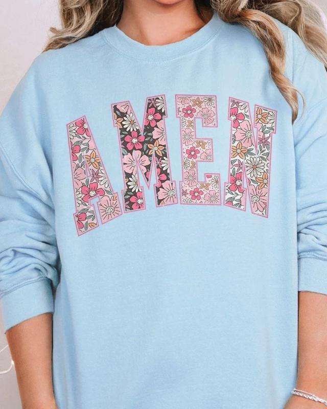 Floral Faux Embroidery Amen Unisex NuBlend Crew Sweatshirt Christian Shirt Hoodie | PrintMintTees.com