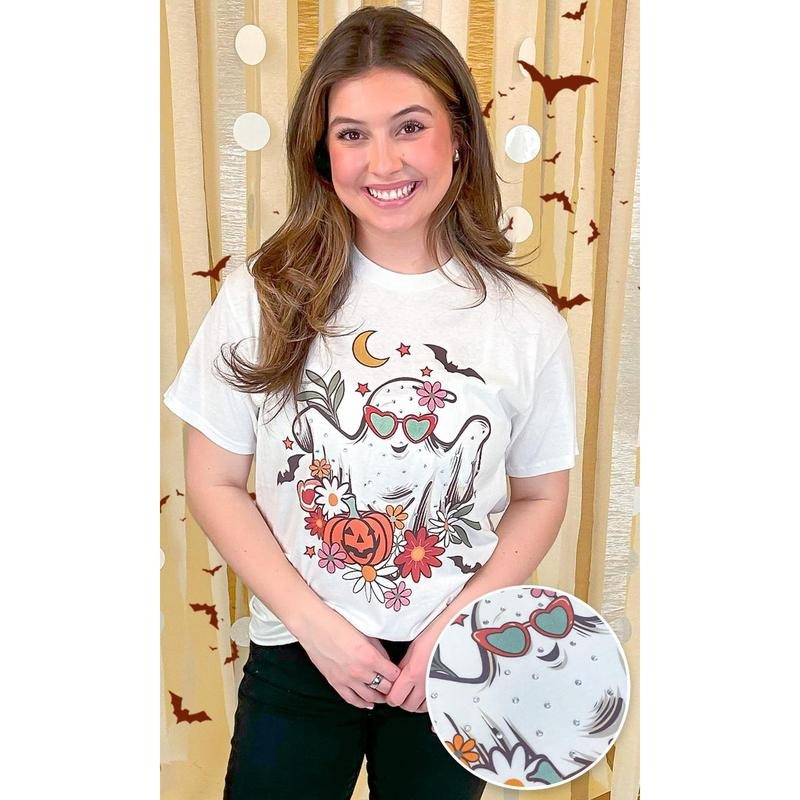 Floral Ghost Rhinestone Graphic Shirt Hoodie Sweatshirt | PrintMintTees.com