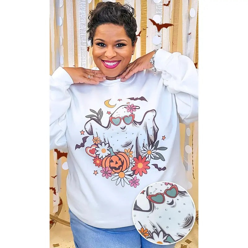 Floral Ghost Rhinestone Graphic Sweatshirt Shirt Hoodie | PrintMintTees.com