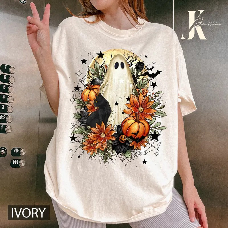 Floral Ghost Shirt Comfort Colors, Halloween Fall Floral Ghost Tee, Halloween Ghost Tshirt, Fall Flowers and Pumpkin...