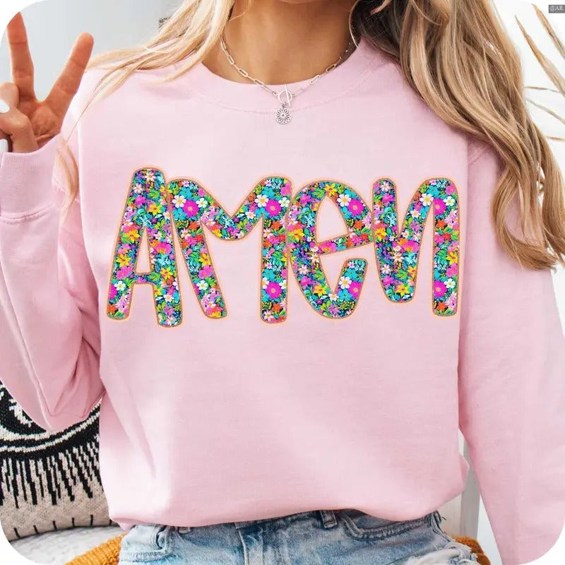 Floral Glitter Amen Sweatshirt, Retro Amen, Preppy Easter, Retro Crewneck, Gift For Lovers,, Trendy Top Shirt Hoodie