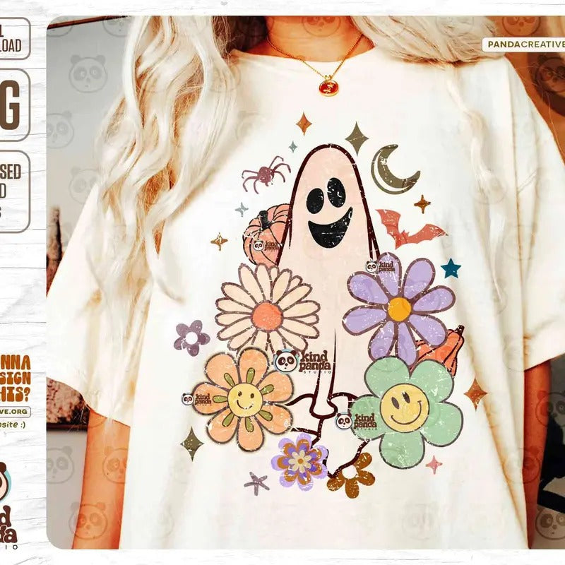 Floral Halloween Ghost Png Retro Sublimation Groovy Halloween Shirt Png Design Cute Ghost Png Download Spooky Season Boho...