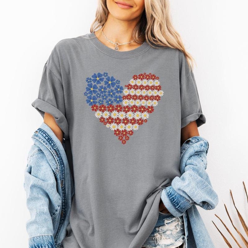 Floral Heart, Patriotic, Red White Blue, USA, America, 4th of July Tshirt, Women's Comfort Colors Tee Hoodie Sweatshirt