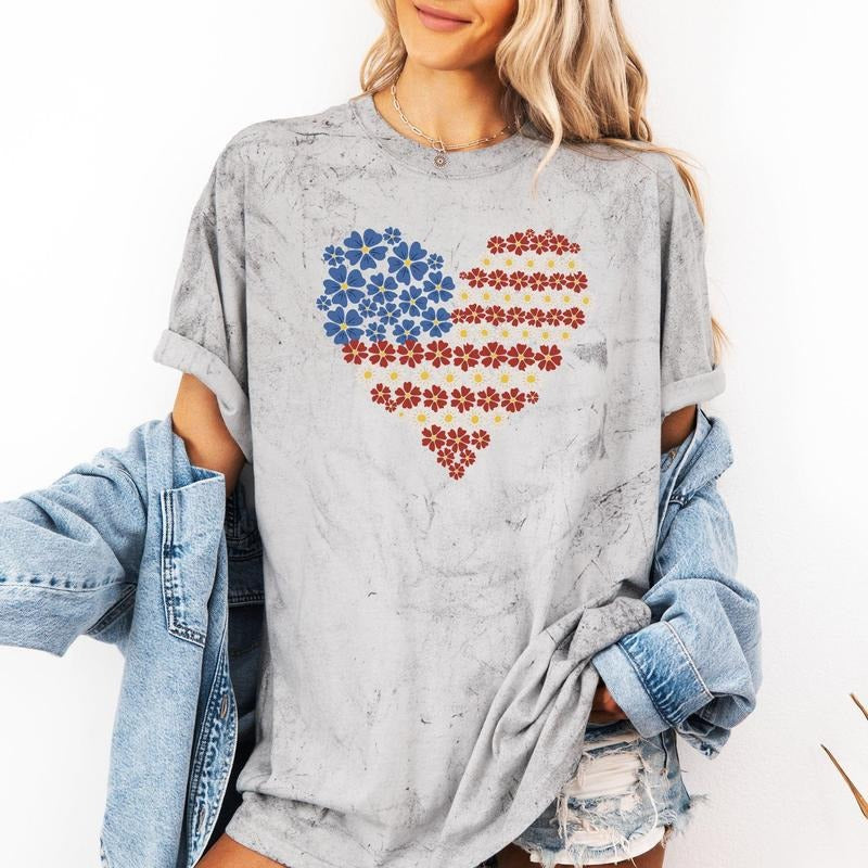 Floral Heart, Patriotic, Red White Blue, USA, America, 4th of July, Color Blast Tshirt Comfort Colors T-Shirt, Women's...