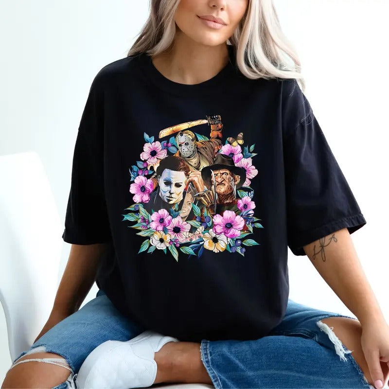 Floral Horror Movie Short Sleeve Spooky Season Shirt Funny Halloween Horror Movie Shirt Scary Movie Halloween Shirt Halloween Her Freddy Krueger Michael Myers Jason Chucky Top Womenswear Horror T-Shirts, Hoodie, Sweatshirt