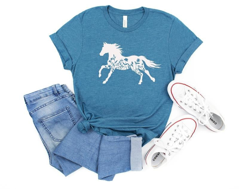 Floral Horse Shirt, Horse Lover Tee, Floral T-shirt, Gift For Her, Women Country Shirts, Tshirt Gift For Horse Lower,...