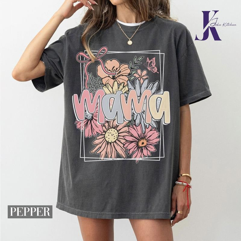 Floral Mama Coquette Bow Shirt, Mama Flower Comfort Color, Mama Tee, Mama Shirt Gift, Mothers Day Shirt Hoodie Sweatshirt