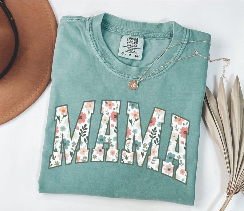 Floral Mama Shirt, Comfort Colors Mom Spring Tee, Trendy Mom Tshirt, Women's Flower Mama Shirt, Spring Pregnancy Reveal...