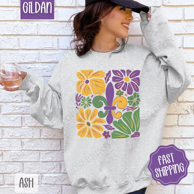 Floral Mardi Gras Sweatshirt, Boho Mardi Gras Crewneck, Holiday Women's Sweater T-Shirts, Hoodie | PrintMintTees.com