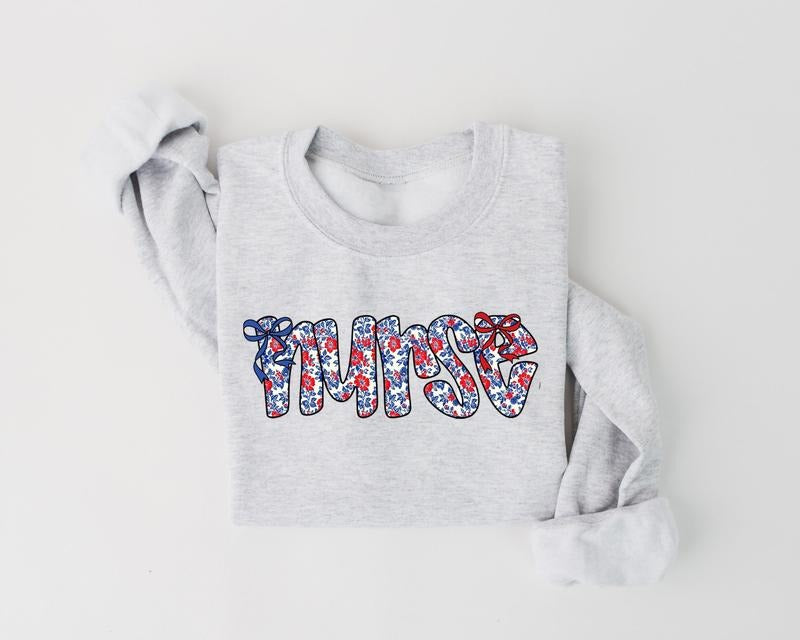 Floral Nurse Coquette 4th of July Shirt, Nurse 4th Of July Sweatshirt, Red White Blue Letters Shirt, Ditsy Flowers...