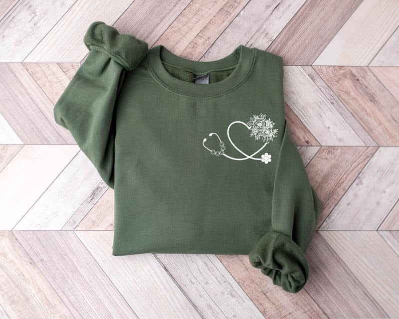 Floral Nurse Sweatshirt, Floral Stethoscope Sweatshirt, Nurse Pocket Sweatshirt, Nurse Life Shirt, Nurse Sweatshirt,...