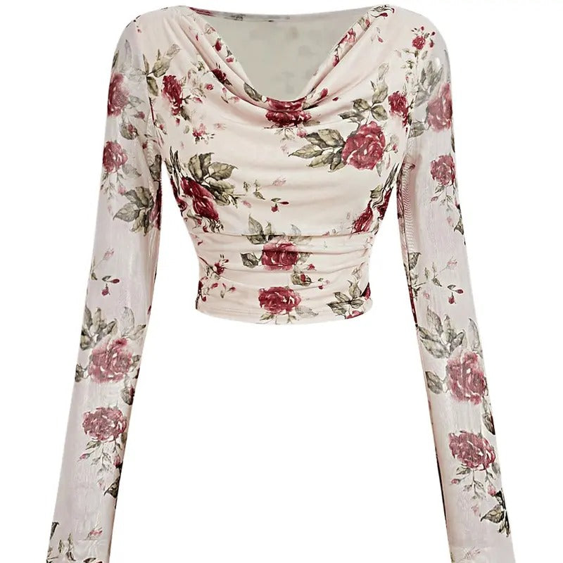 Floral Print Mesh T Shirt Cowl Neck Long Sleeve Ruched Tee Crop Tops Hoodie, Sweatshirt | PrintMintTees.com