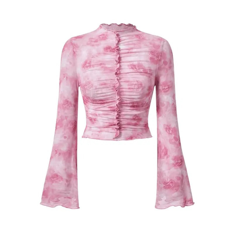 Floral Print Mesh Tee Top Mock Neck Flare Long Sleeve Frill Trim Crop T Shirt Hoodie Sweatshirt | PrintMintTees.com