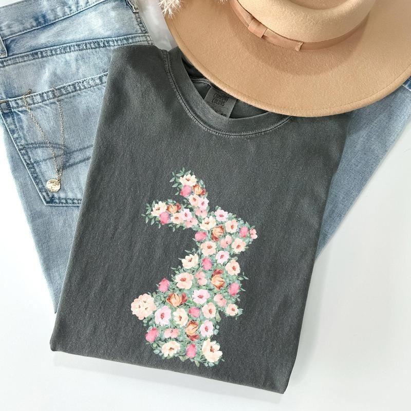 Floral Print Rabbit, Bunny, Easter Comfort Colors Tshirt, Women's Crew Neck, Crewneck Hoodie Sweatshirt | PrintMintTees.com