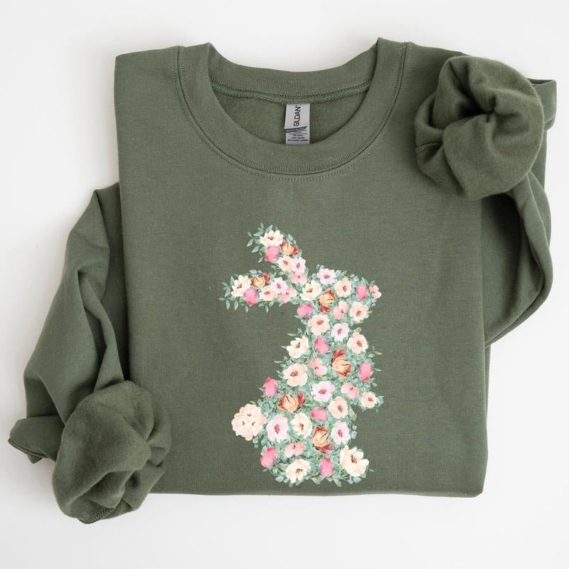 Floral Print Rabbit Bunny Easter Crew Neck T-Shirts, Hoodie, Sweatshirt
