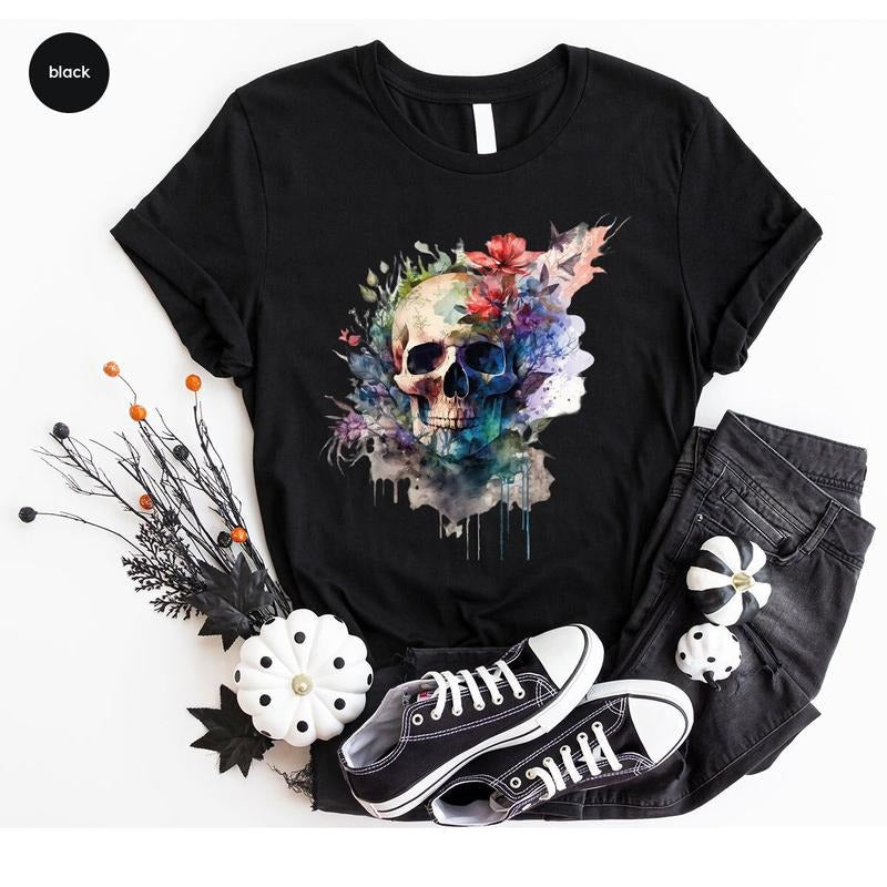 Floral Skull T-Shirt, Boho Outfit, Wild Flowers Shirt, Womens Vneck TShirt, Graphic Tees for Women, Gift for Her, Spring...