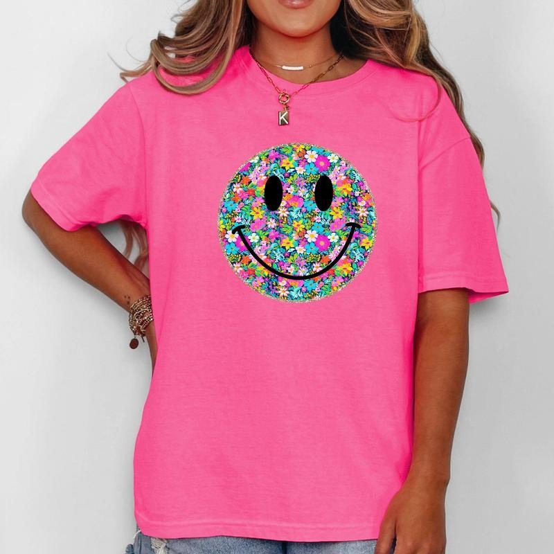 Floral Smiley Face, Retro, Summer, Flowers, Comfort Colors T-Shirt, Women's Comfort Colors Tee Hoodie, Sweatshirt