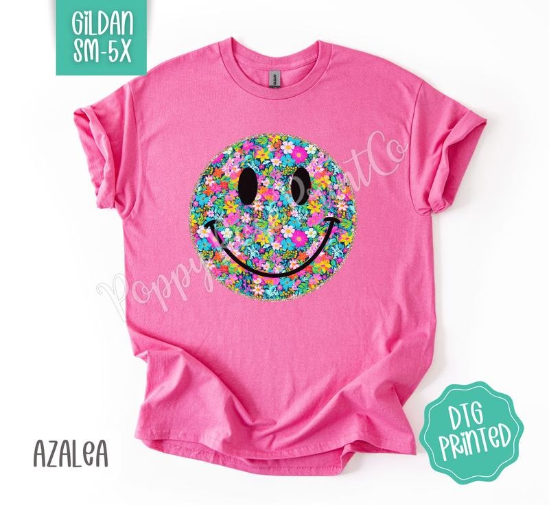 Floral Smiley Gildan Shirt, Cute Summer Tshirt, Trendy Flower Tee, Gift for Her Hoodie Sweatshirt | PrintMintTees.com