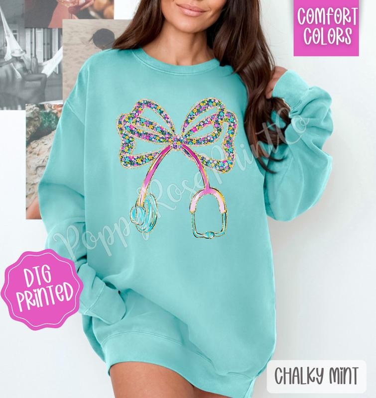 Floral Stethoscope Bow Comfort Colors Sweatshirt, Cute Nurse Sweater, Women's Crewneck, Gift for Her T-Shirts, Hoodie