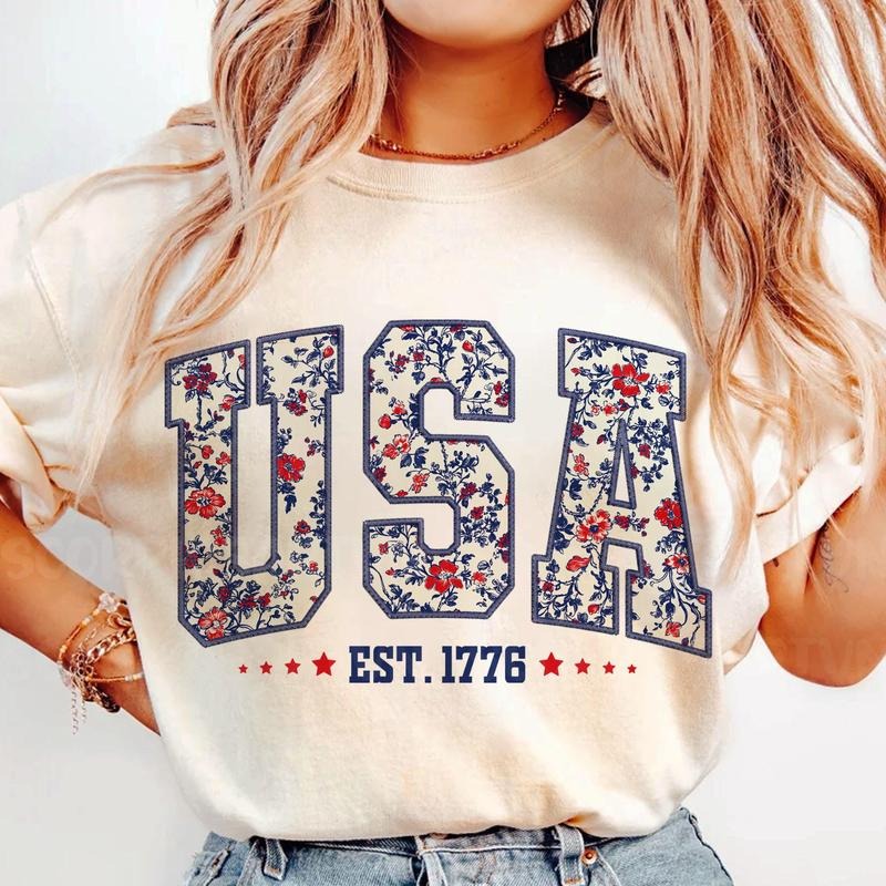 Floral USA Comfort Colors Tee, Retro America Tshirt, 4th Of July Tee, 4th Of July Shirt, Gift for Best Friend, Gift for...