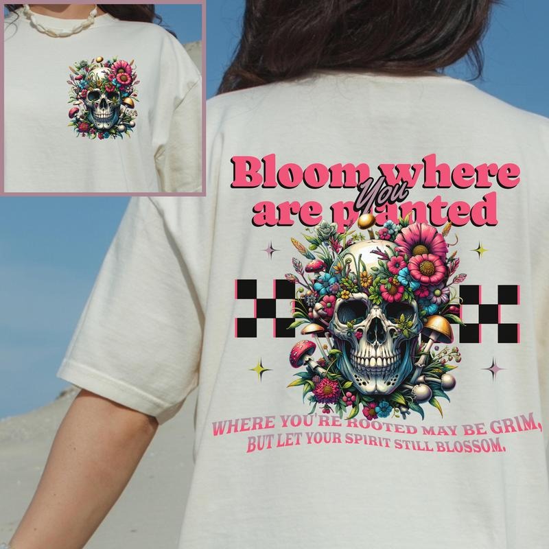 Floral skull y2k aesthetic tshirt, Botanical dark academia front and back tattoo print retro tee, Cottagecore whimsigoth...