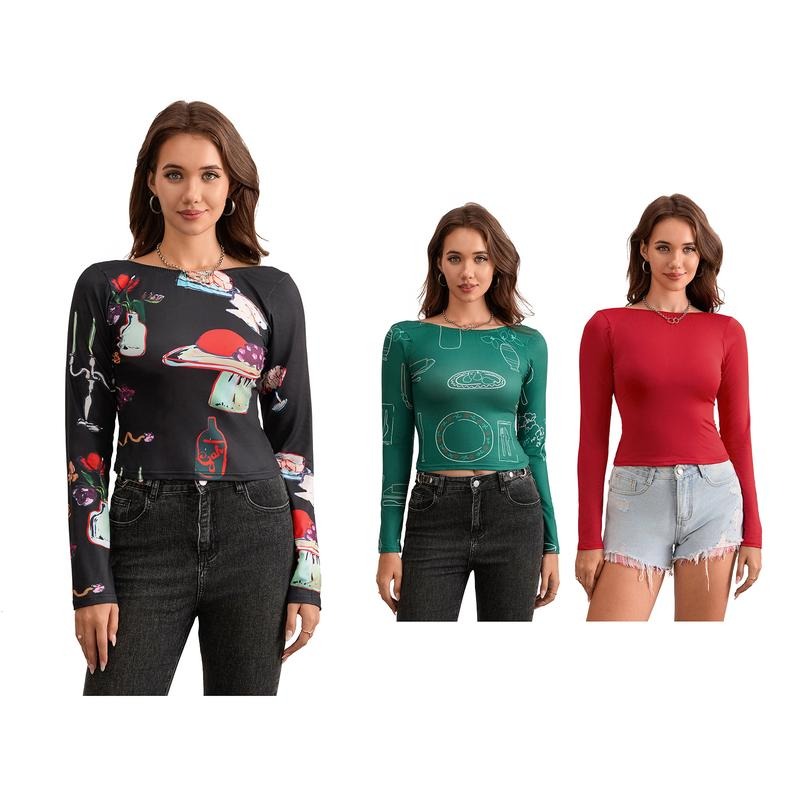 Women T-shirt Long Sleeve Crew Neck Backless Solid/Flower PrintFit Fall Tops Clubwear Hoodie Sweatshirt | PrintMintTees.com