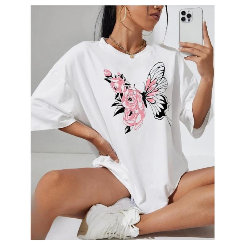 Flowers And Butterflies Printed Short-Sleeved Women'S T-Shirts, 180G Printed Round Neck Short-Sleeved T-Shirts, Versatile...