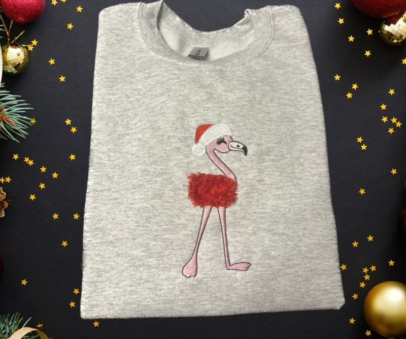 Fluffy Christmas Flamingo Embroidered Crewneck Sweatshirt T-Shirts, Hoodie | PrintMintTees.com