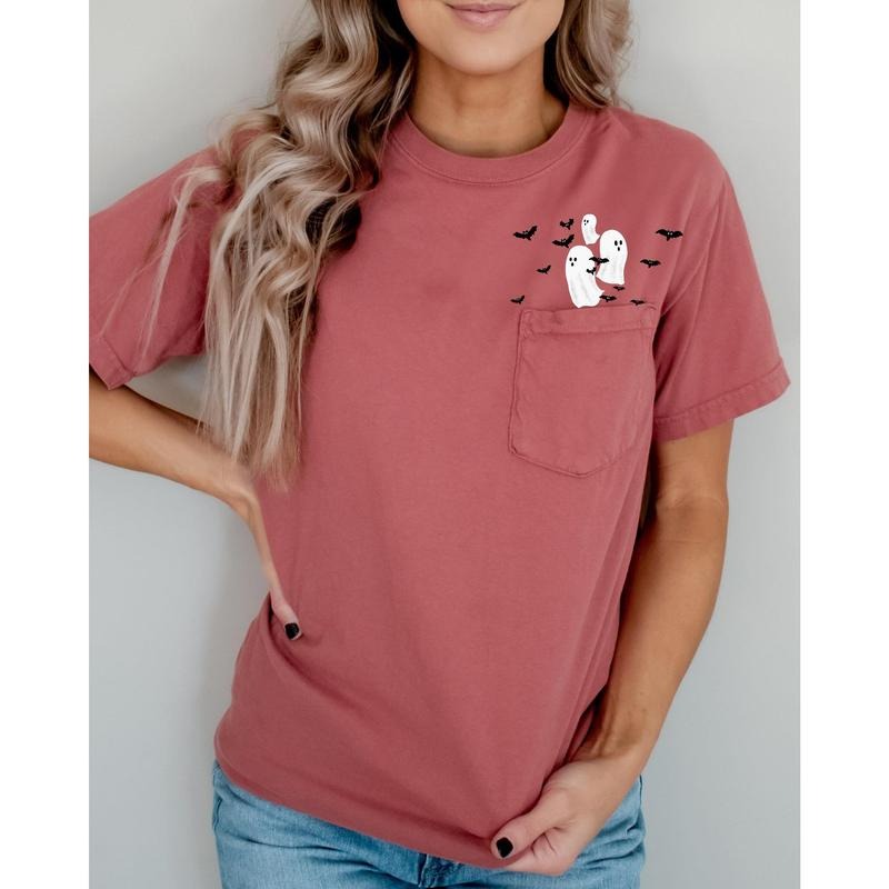 Flying Ghosts and Bats Halloween Costume Pocket Tee, Women's Comfort Color Tee, Tshirt Hoodie, Sweatshirt | PrintMintTees.com