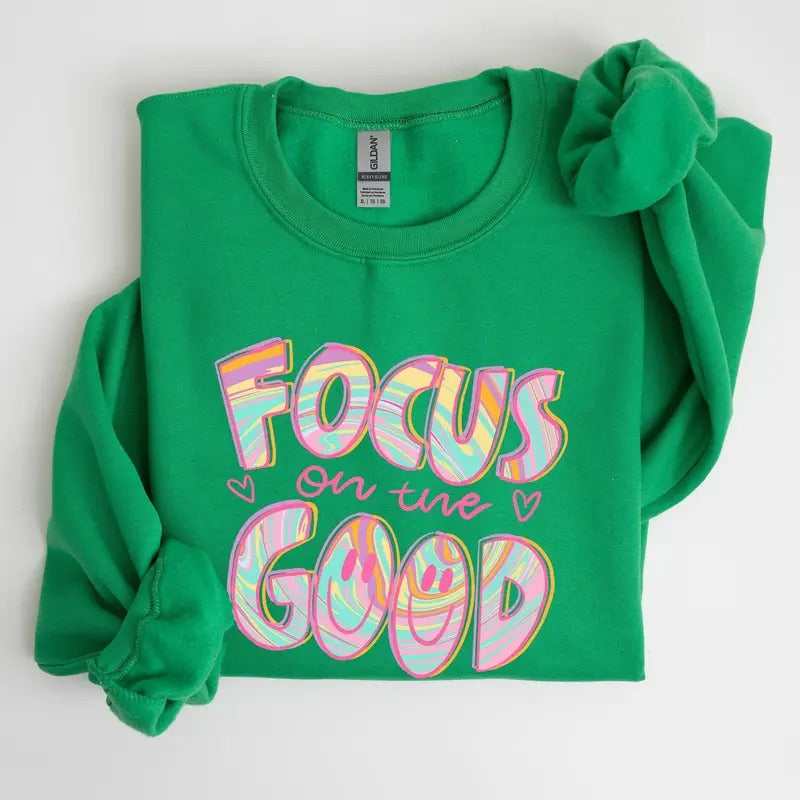 Focus On The Good, Retro, Groovy, Positivity, Mental Health Sweatshirt, Crew Neck, Women's, Crewneck Shirt Hoodie
